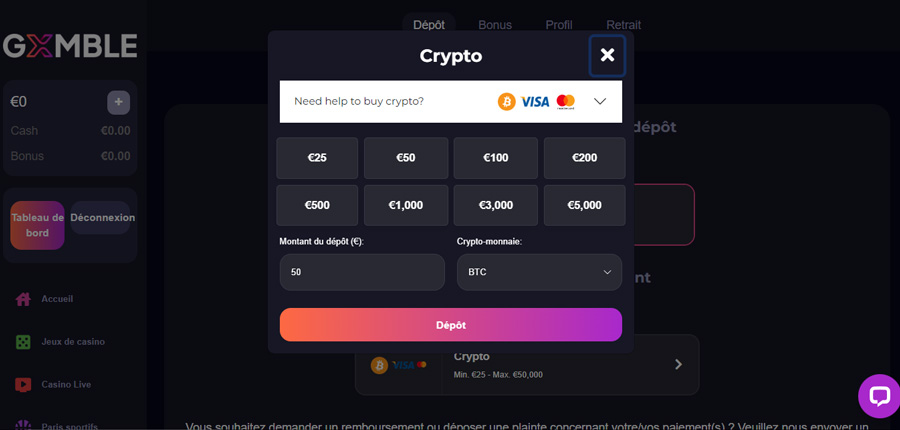 Gxmble casino : Le processus de dépôt