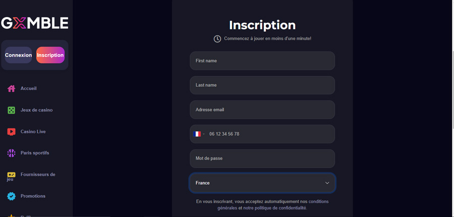 inscription gxmble casino étape 2