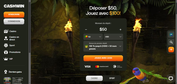 page d'accueil cashwin casino