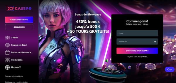 capture d'écran page accueil x7 casino