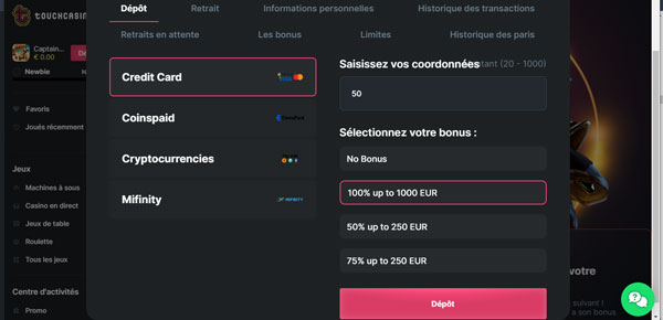 le processus de dépôt sur touch casino