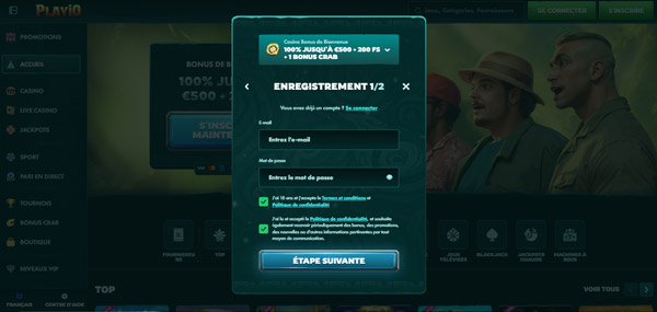 inscription sur playio casino étape 3