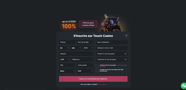 inscription étape 2 touch casino