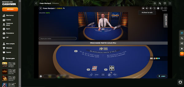 power blackjack sur cashwin casino