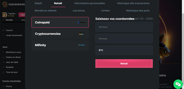 le processus de retrait sur touch casino