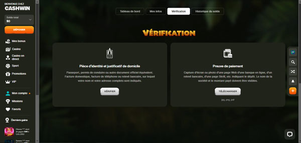 vérification de compte sur cashwin