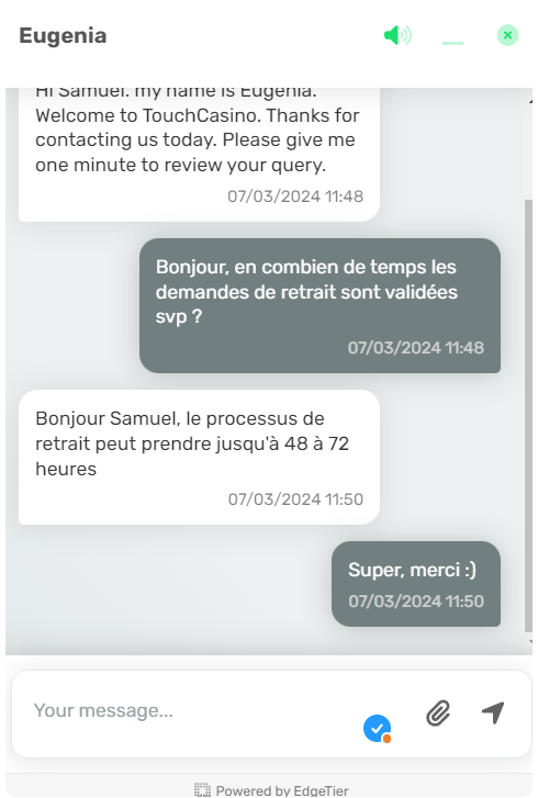 live chat touch casino