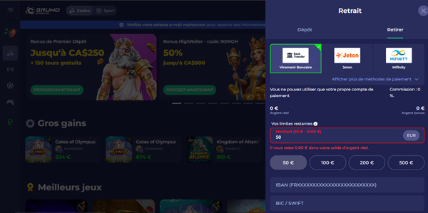 le processus de retrait bruno casino