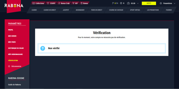 capture d'écran vérification rabona casino