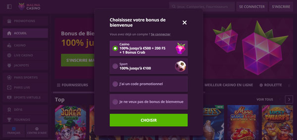 choisissez votre bonus de bienvenue malina casino