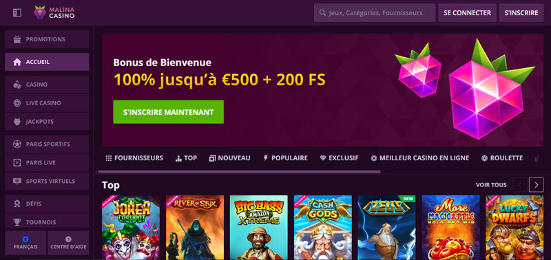 accéder au site et cliquer sur s’inscrire malina casino