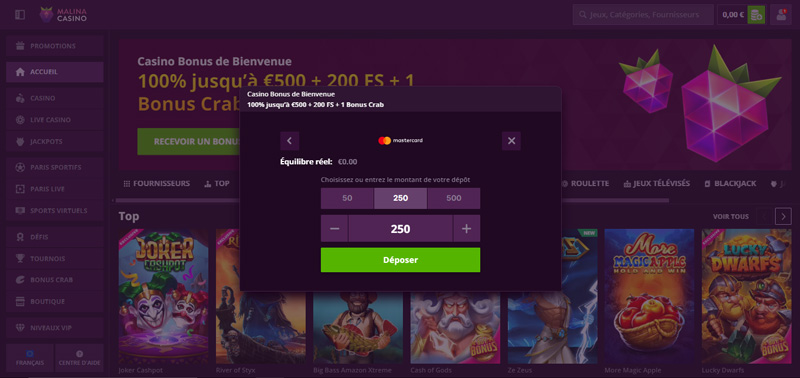dépôt sur malina casino