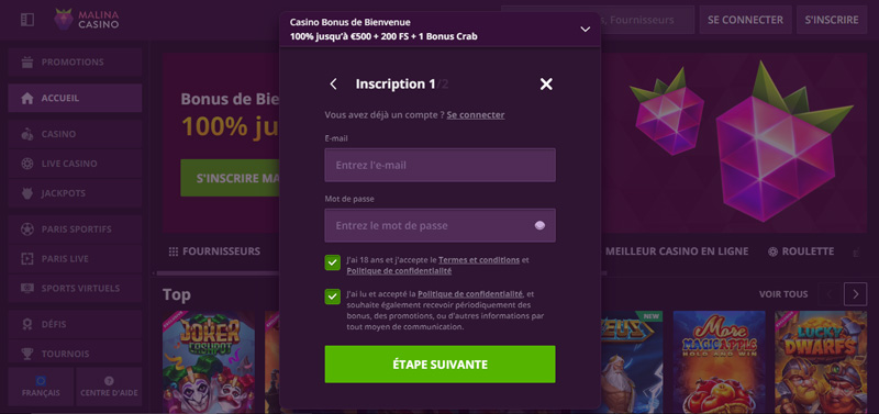 complétez le 1er formulaire d'inscription malina casino