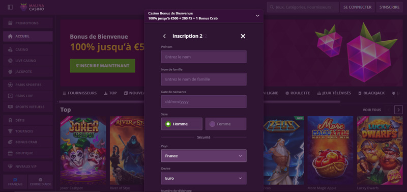 complétez le 2nd formulaire d'inscription malina casino