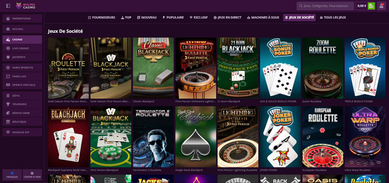 jeux de table malina casino