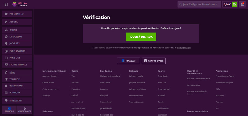 vérification malina casino