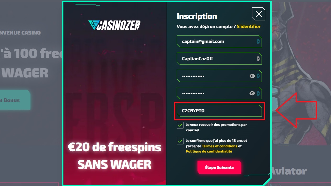 où mettre le code promo casinozer