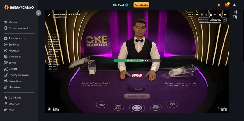 Capture d'écran One Blackjack sur Instant Casino