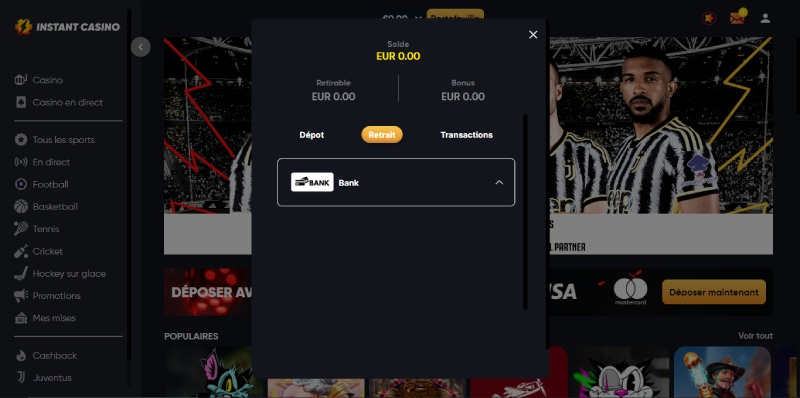 Capture d'écran retrait Instant Casino