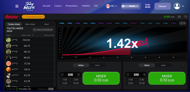 mini jeu aviator de spribe shiny wilds casino