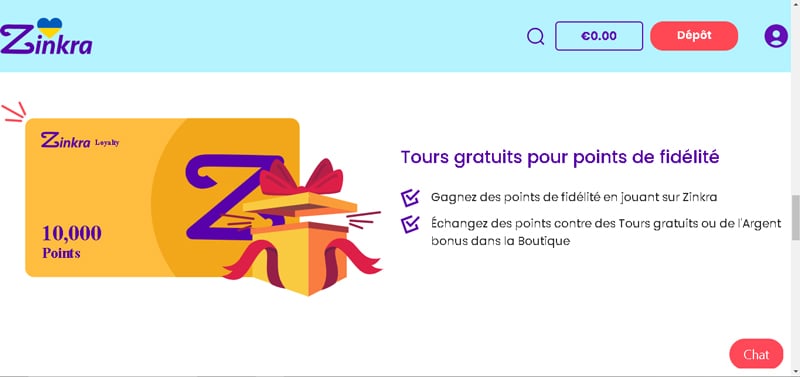Capture d'écran boutique Zinkra Casino