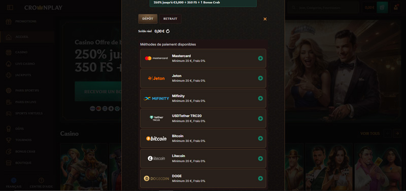 crown play casino le menu dépôt