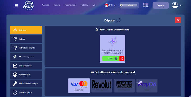le menu dépôt shiny wilds casino