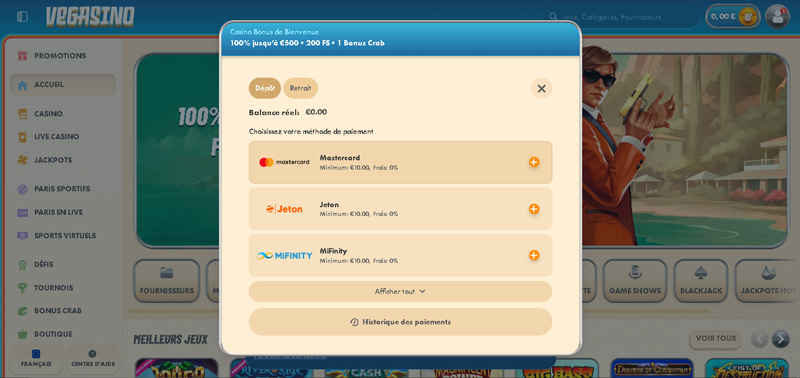 le menu dépôt vegasino