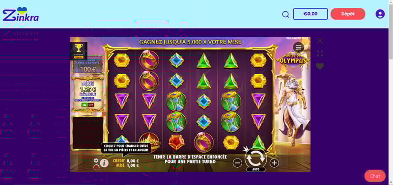Capture d'écran Gates of Olympus de Zinkra Casino