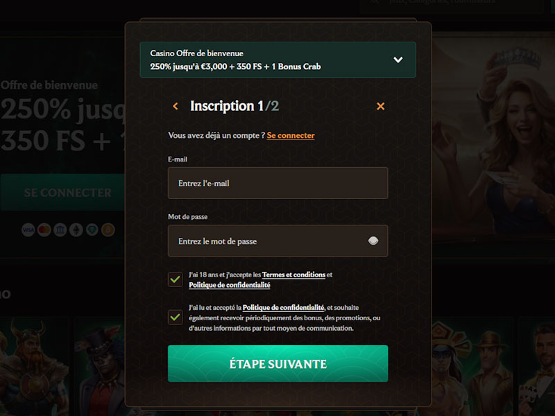 inscription étape 3 crown play casino