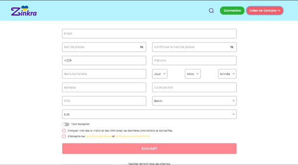 Capture d'écran inscription Zinka Casino