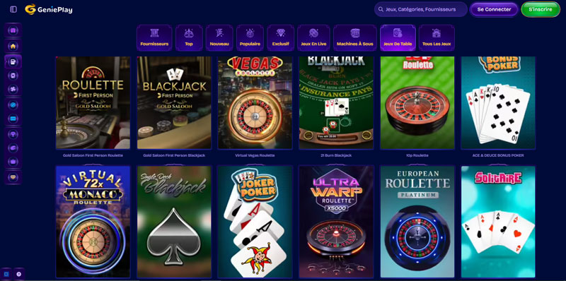 une collection impressionnante de jeux de table genieplay casino