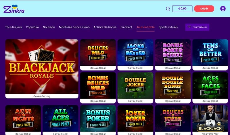 Capture d'écran jeux de table Zinkra Casino