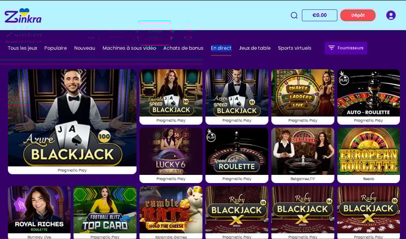 Capture d'écran du live casino sur Zinkra Casino