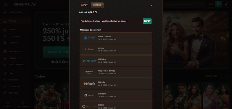 crown play casino le menu retrait