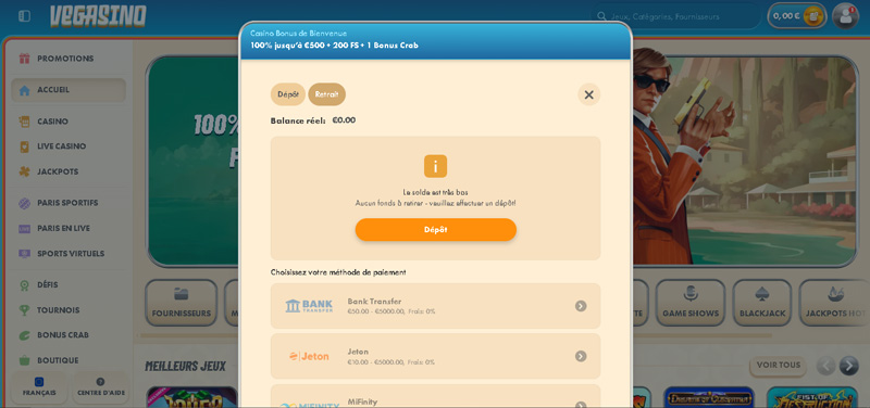 le menu retrait vegasino
