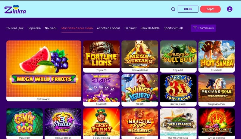 Capture d'écran slots Zinkra Casino