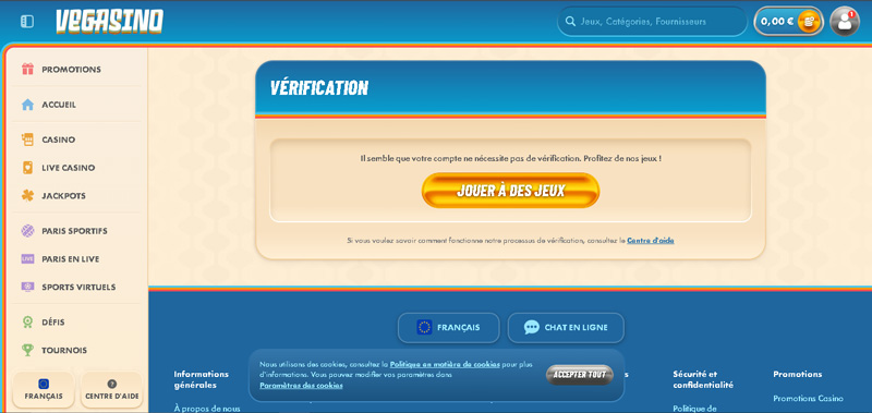 la page de vérification vegasino