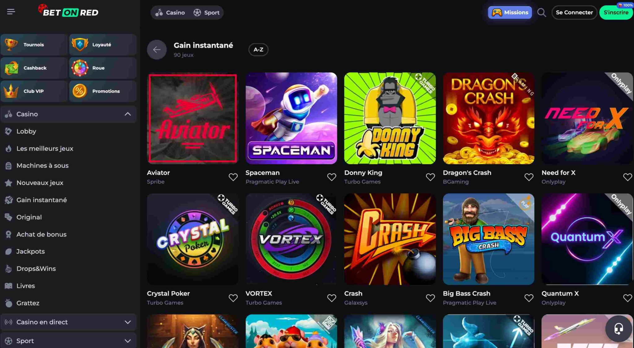 Capture d'écran des mini jeux sur BetOnRed