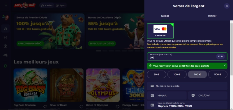 le menu dépôt lazy bar casino