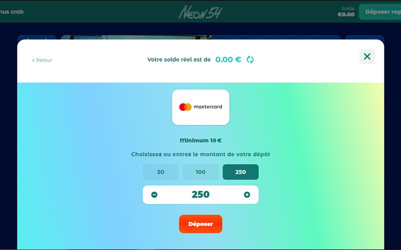 Capture d'écran dépÎt Mastercard Neon54 étape 3