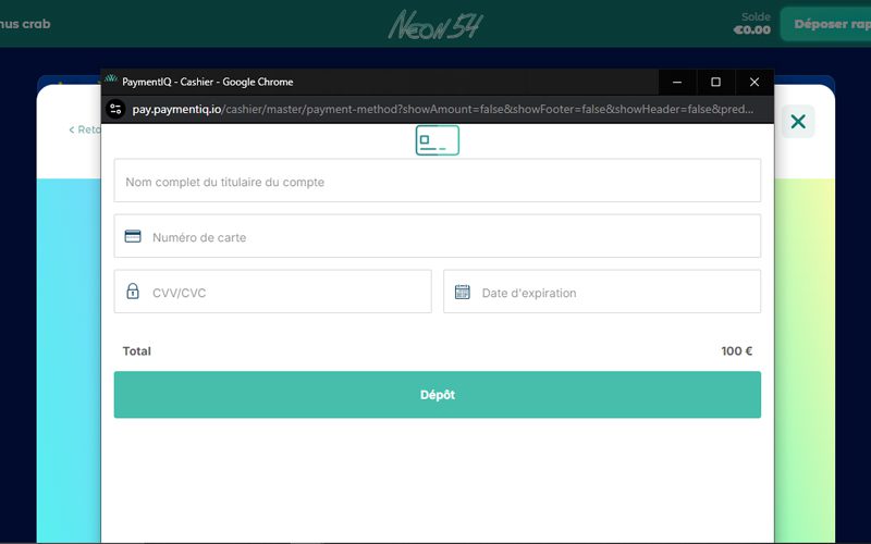 Capture d'écran dépÎt Mastercard Neon54 étape 4