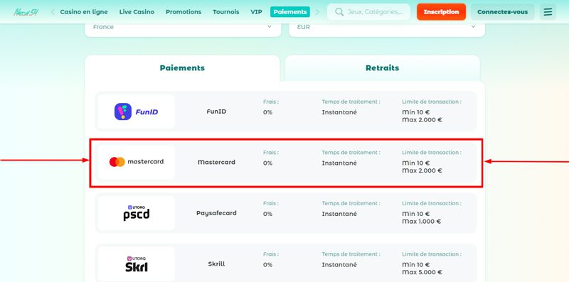 Capture d'écran dépÎt Mastercard Neon54