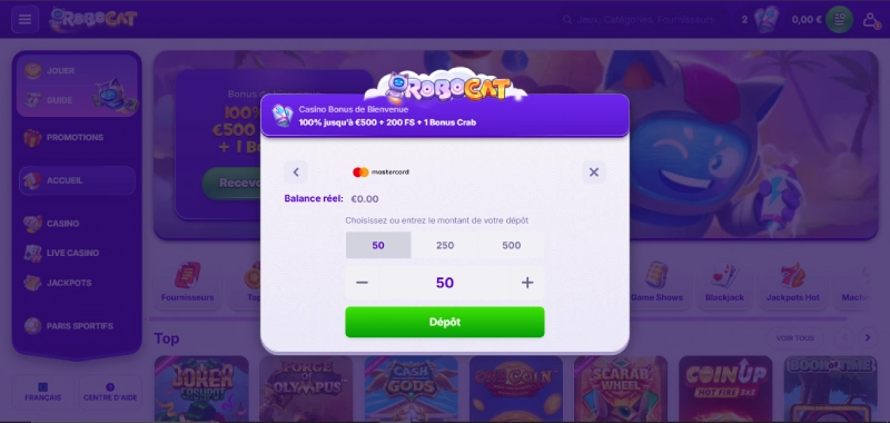 robocat casino le menu dépôt