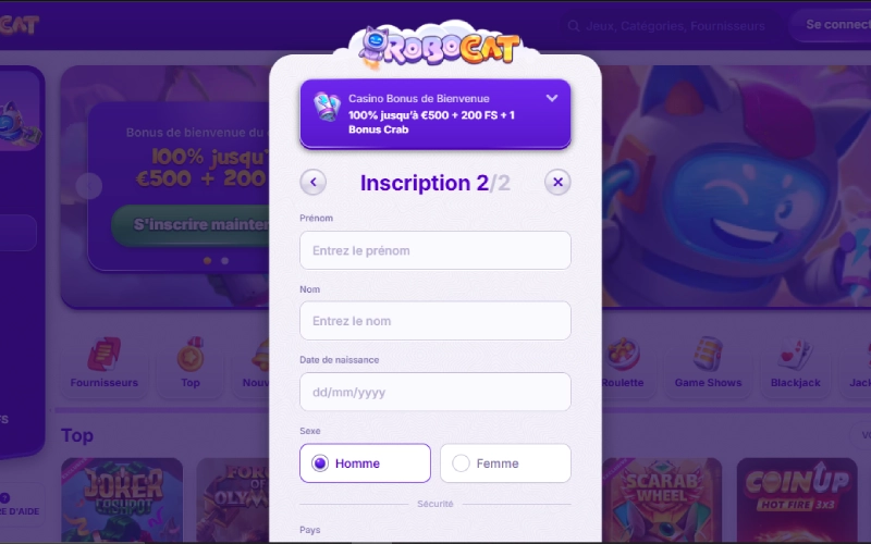 inscription étape 5 robocat casino