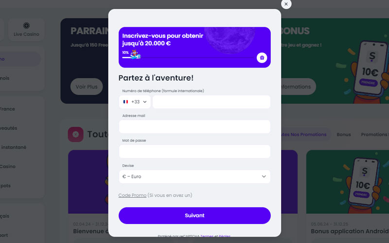 inscription étape 2 slott casino