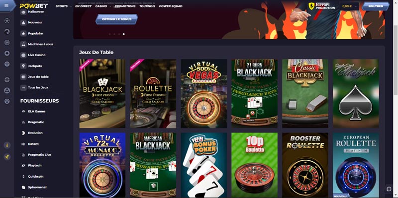 une collection impressionnante de jeux de table powbet