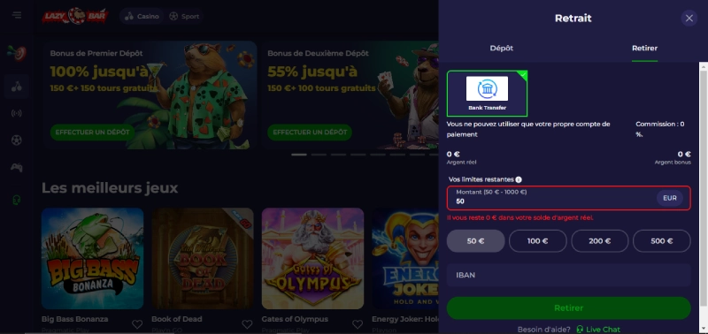 le menu retrait lazy bar casino