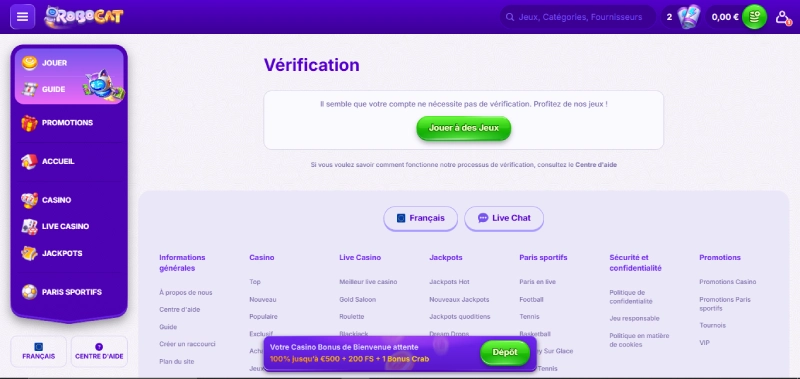 robocat casino la page de vérification