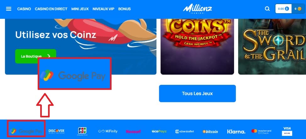 Google Pay sur Millionz Casino